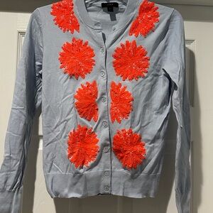 J. Crew Pale Blue Cardigan with Bright Orange Sequin Floral Appliqués